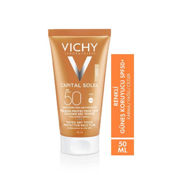Vichy Capital Soleil SPF50 tinted sunscreen tube in orange packaging with white cap 50 ml on Tampa Home & Garden Store