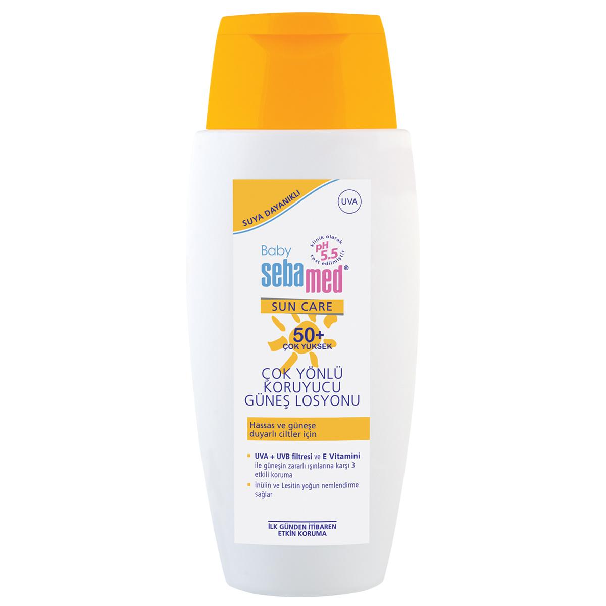 Sebamed Baby Sunscreen Lotion SPF 50+ UVA/UVB, water resistant, white bottle with orange cap on Tampa Home & Garden Store