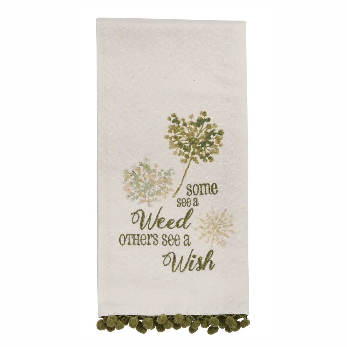 Some See a Weed Others See a Wish dishtowel beige with green dandelion motif on Tampa Home & Garden Store
