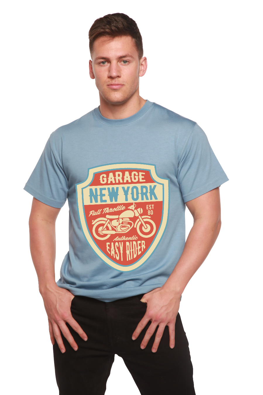 Garage New York Spun Bamboo men's graphic tee in light blue with shield motorcycle print on Tampa Home & Garden Store