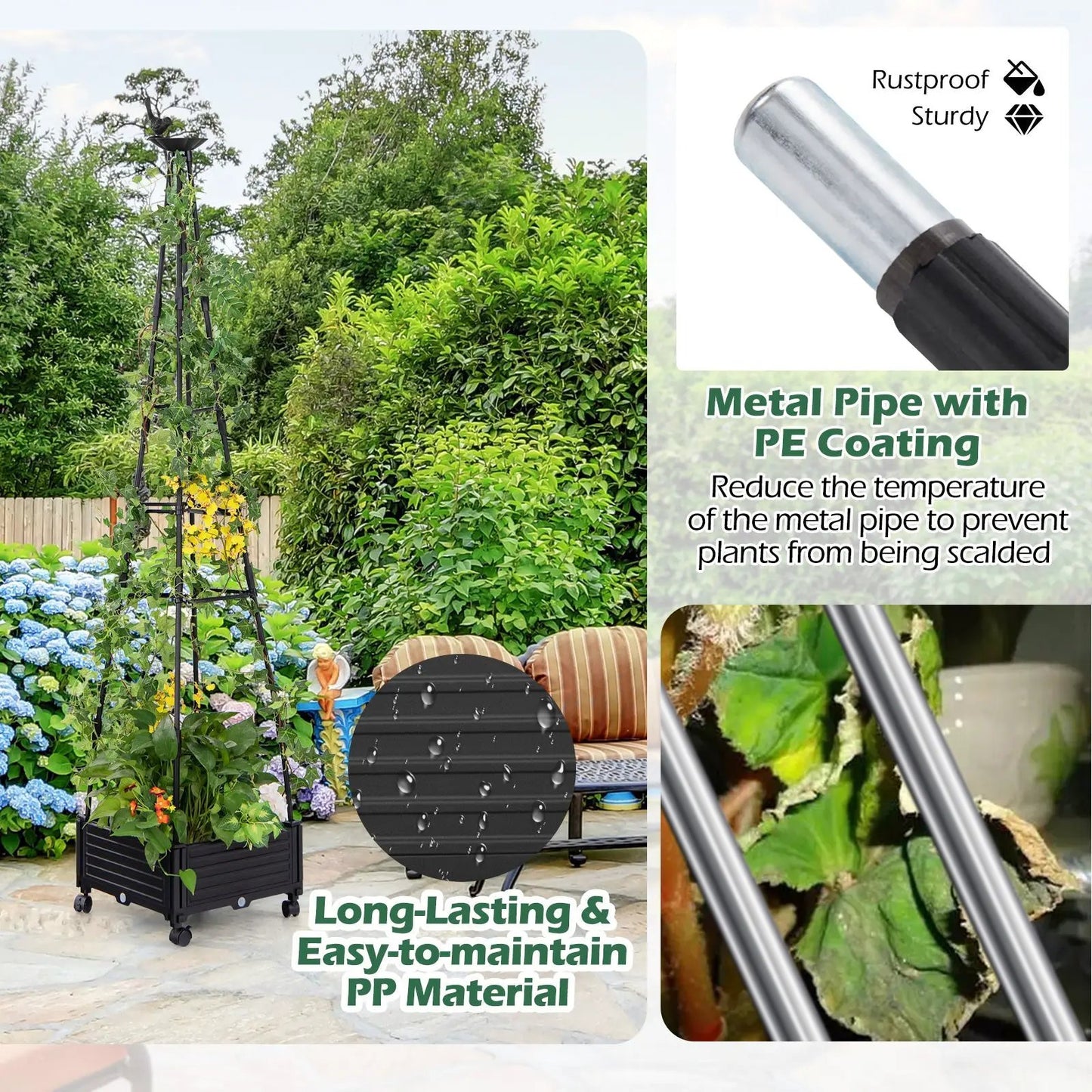 Garden Obelisk Trellis black metal frame with self-drainage for climbing plants on Tampa Home & Garden Store