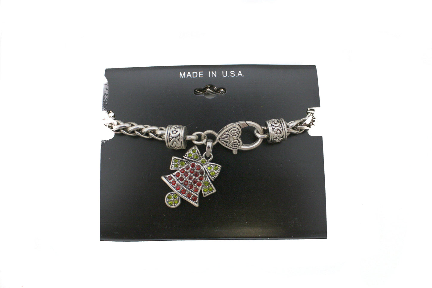 Crystal Bells Bracelet with Heart Lobster Clasp, silver-tone chain and colorful crystal cross on Tampa Home & Garden Store
