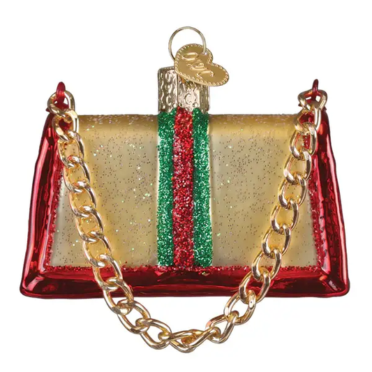Glam Handbag Glass Ornament red and gold glitter with gold chain by The Country Christmas Loft on Tampa Home & Garden Store