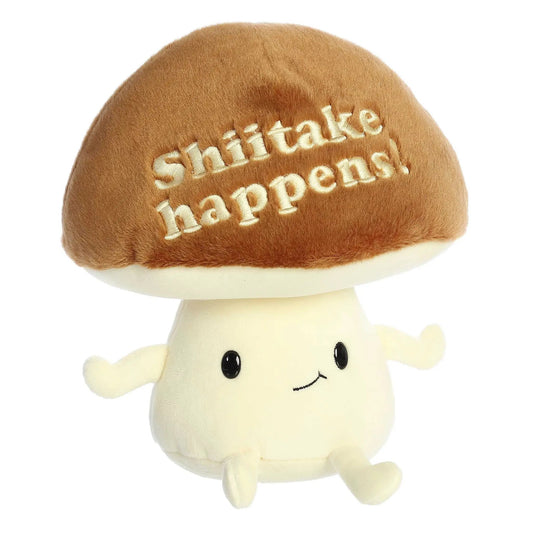 Just Sayin' Shiitake Happens plush mushroom, brown cap with cream embroidery, 9in on Tampa Home & Garden Store