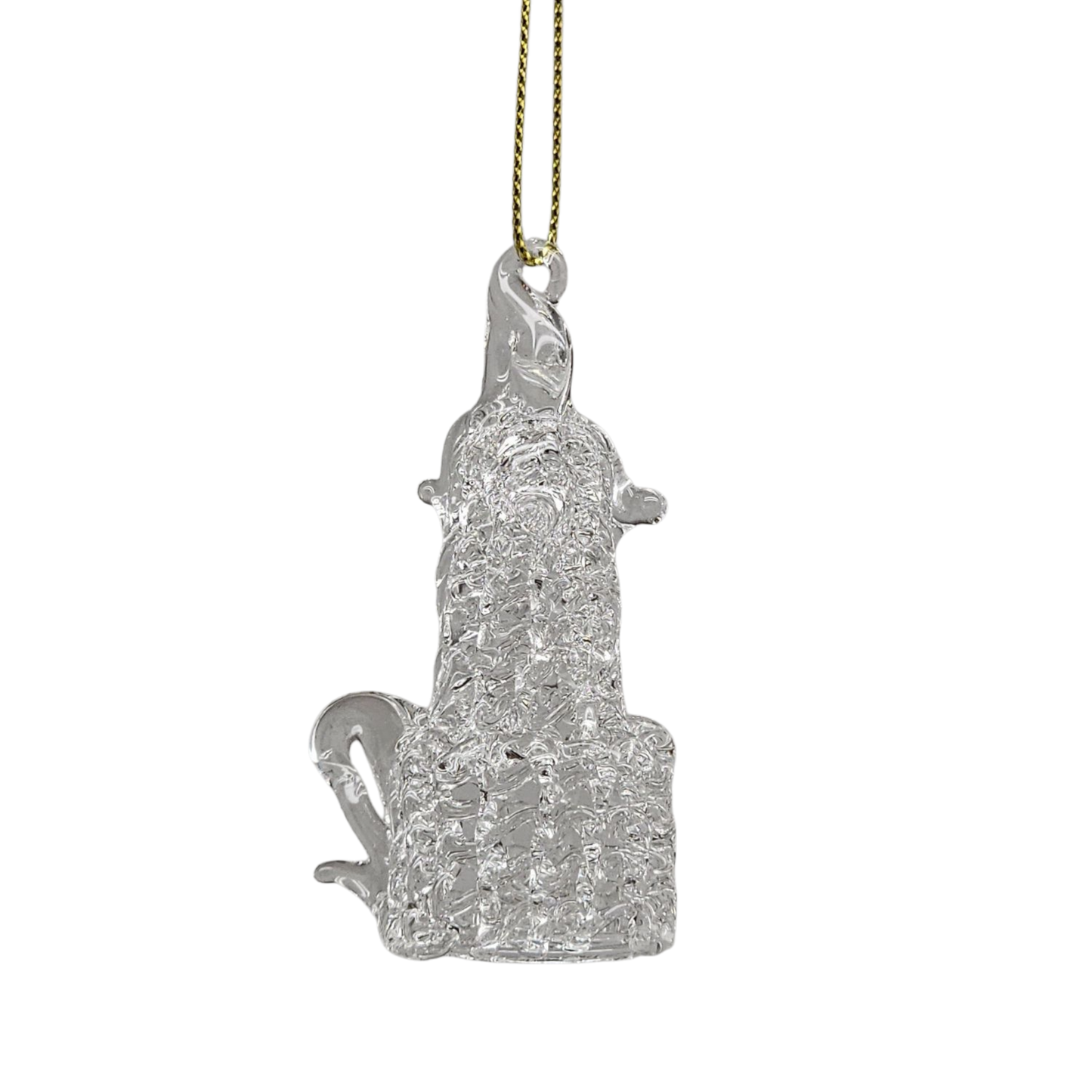 Spun Glass Candlestick Ornament Clear, etched detailing hanging cord on Tampa Home & Garden Store