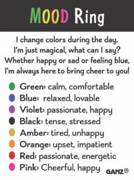 Mood Ring that Changes Color with Your Mood mood legend with rainbow colors GANZ branding on Tampa Home & Garden Store