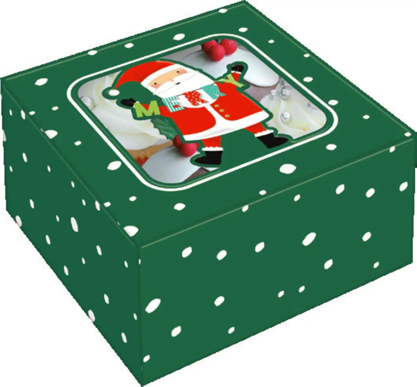 Holiday Bakery Box Dark Green gift tin with Santa graphic on lid and polka dot sides on Tampa Home & Garden Store