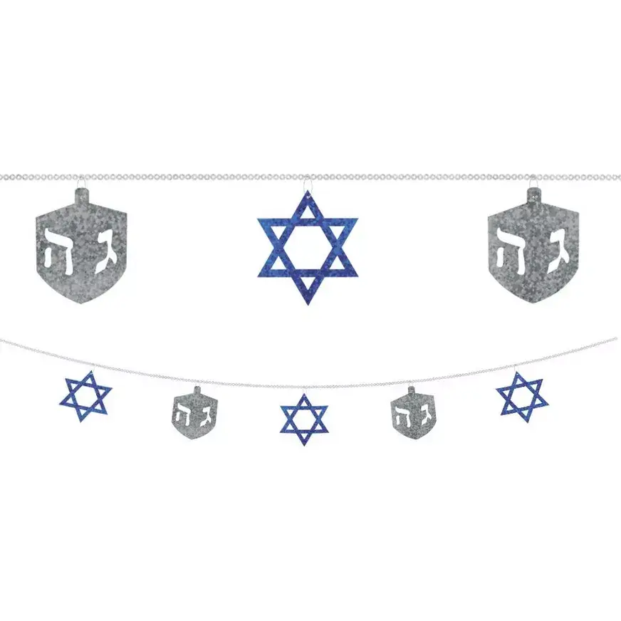 Hanukkah ring garland with Star of David and dreidel ornaments, 9-foot blue and silver on Tampa Home & Garden Store