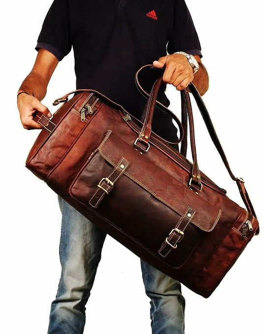 Goat leather weekender duffle bag with pockets, brown with brass hardware and top handles on Tampa Home & Garden Store