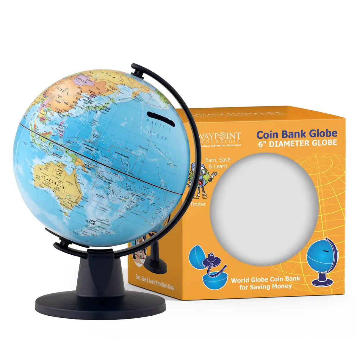 GeoClassic Globe Coin Bank for Kids blue 6-inch globe on black stand beside orange box on Tampa Home & Garden Store