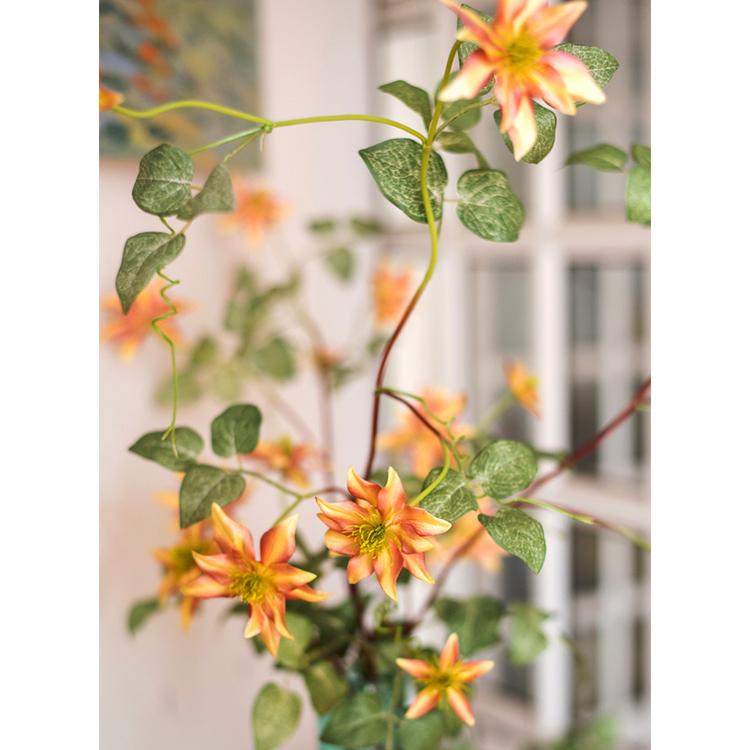 Faux Silk German Clematis flower stem in orange, 40in tall, RusticReach brand on Tampa Home & Garden Store