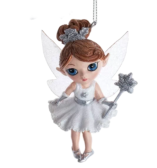 Silver Fairy Elves Ornament with glitter dress, blue eyes, silver wings and star wand on Tampa Home & Garden Store