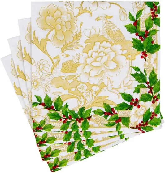 Holly cocktail napkins ivory and gold with holly berries The Country Christmas Loft on Tampa Home & Garden Store
