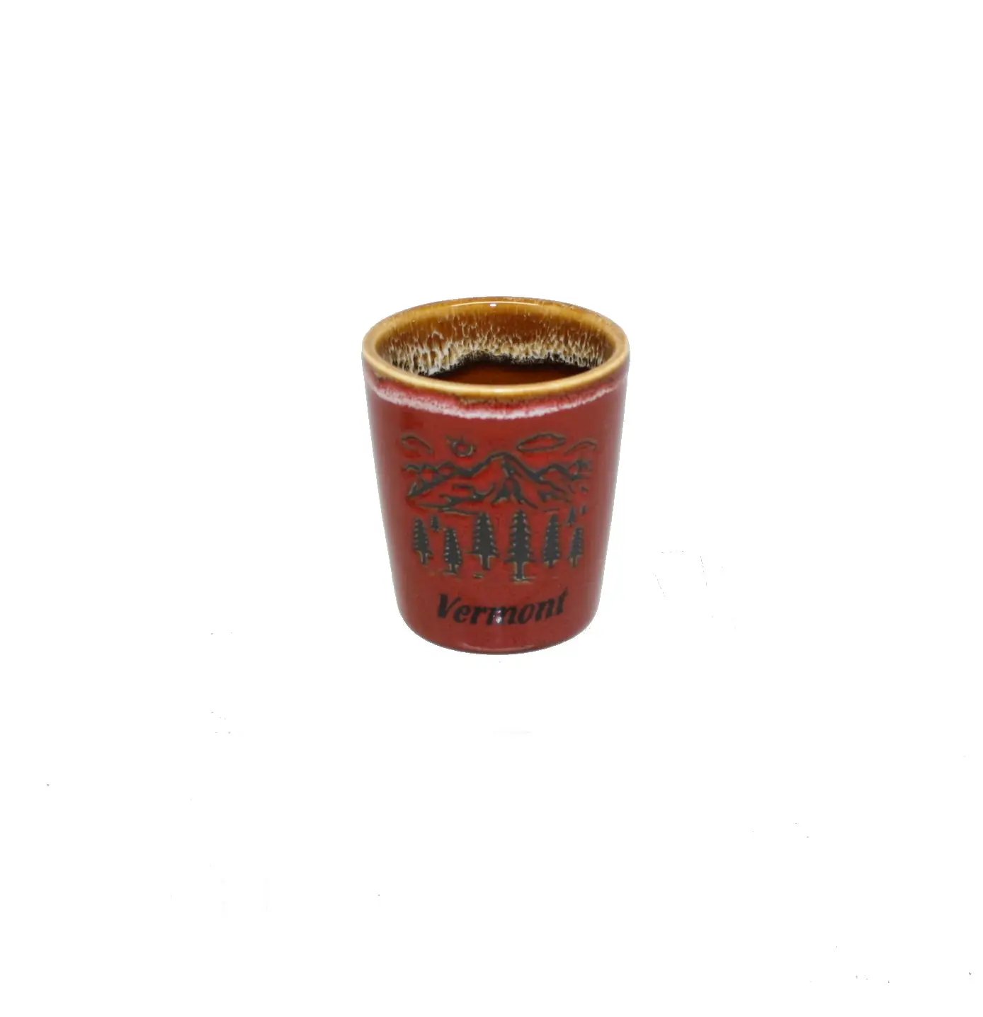 Mountain Scene Oval Drip Ceramic Shot Glass red glaze with pine trees Vermont on Tampa Home & Garden Store
