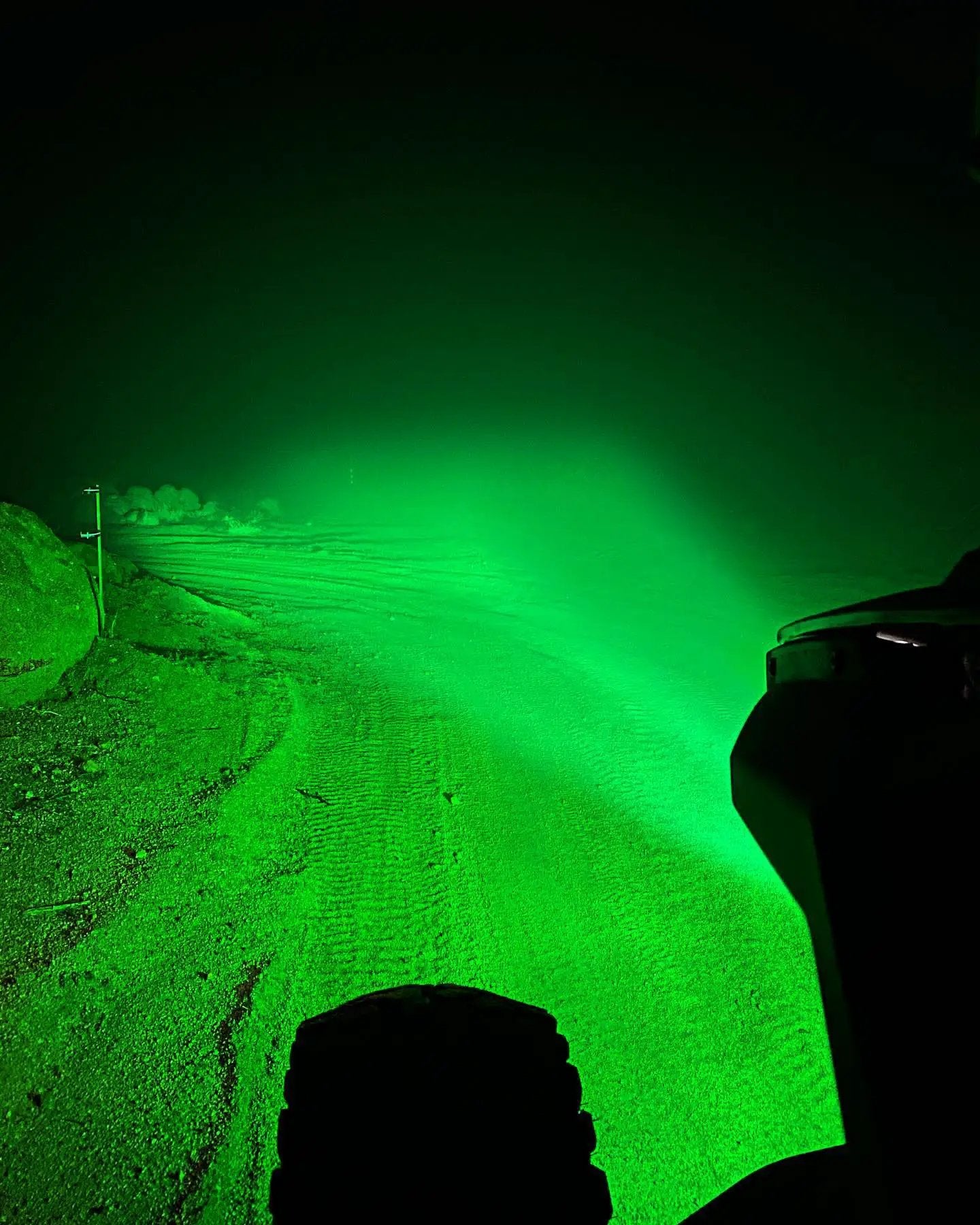 Race Pod Green Lens for Spot or Flood by GGLighting, green beam illuminating night snow and road on Tampa Home & Garden Store