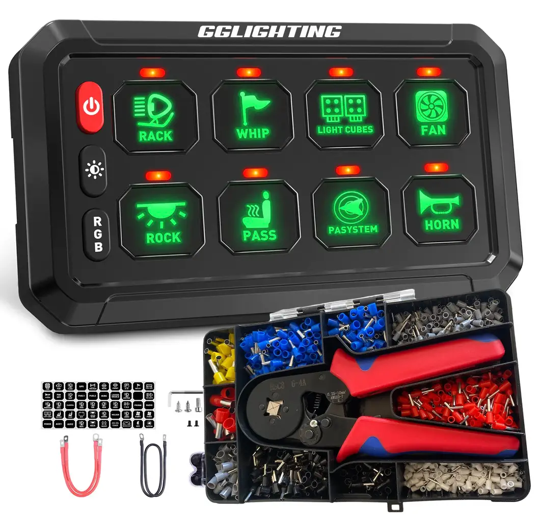 GGLighting 8-Gang RGB Bluetooth car switch panel with green backlit icons and toolkit on Tampa Home & Garden Store