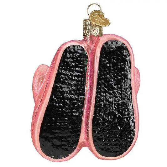 Bunny Slippers Glass Ornament pink glitter with black soles by The Country Christmas Loft on Tampa Home & Garden Store