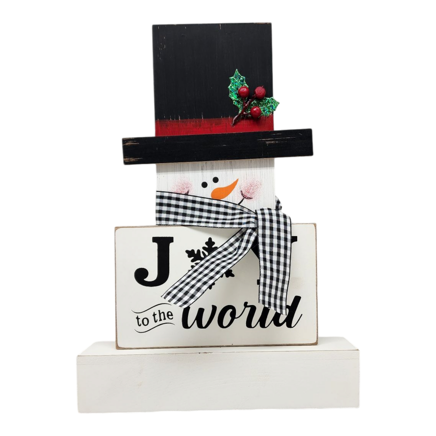 Snowman Block Decor on distressed black and red wood blocks with holly accent on Tampa Home & Garden Store