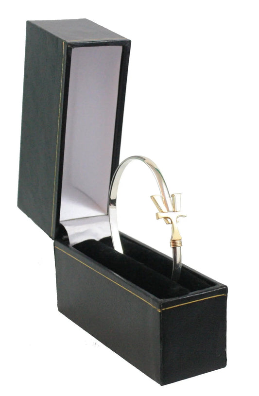 Vermont Hook Bracelet with Gold VT charm, 4mm silver-tone band in a black gift box on Tampa Home & Garden Store