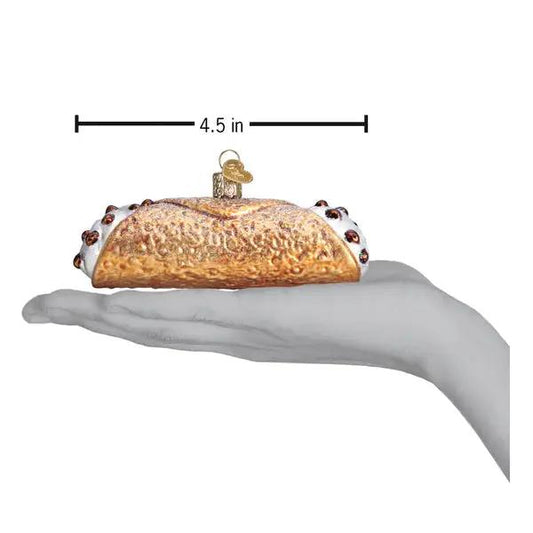 Cannoli glass ornament keepsake, gold-brown shell with cream ends and hanging cap, 4.5 in on Tampa Home & Garden Store