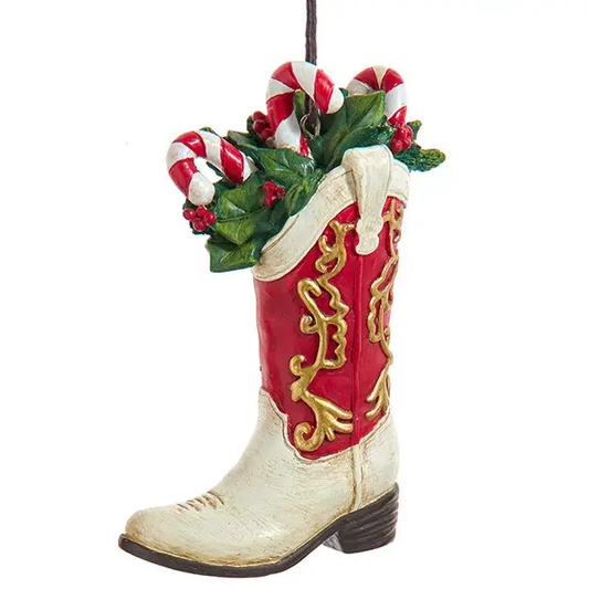 Cowboy boot Christmas ornament with red boot, white accents, gold details and candy canes on Tampa Home & Garden Store