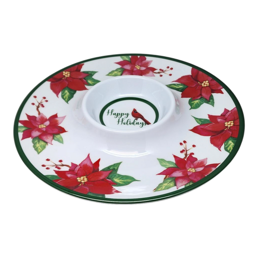 Festive poinsettia chip and dip platter in melamine with green rim on Tampa Home & Garden Store