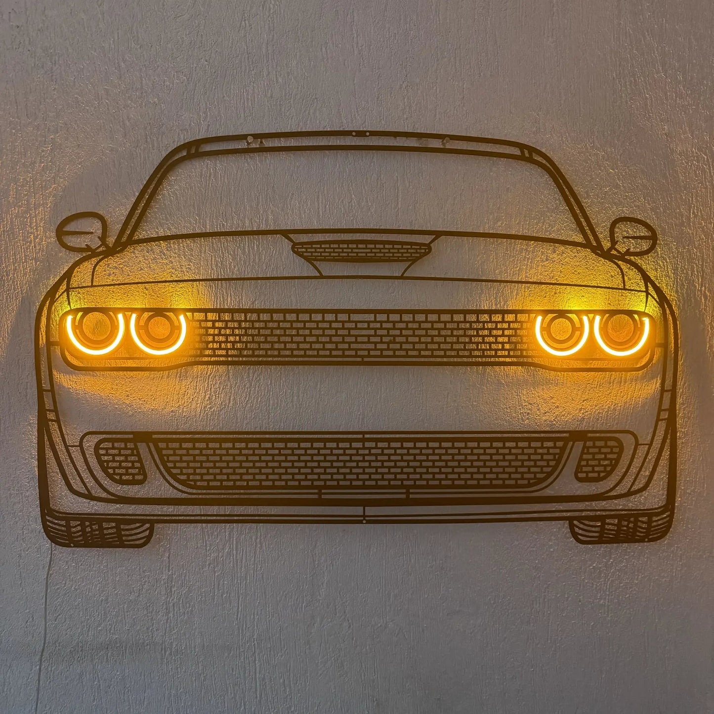 Challenger Front View Metal Neon Car Wall Art by Modello Turbo, orange neon glow on Tampa Home & Garden Store