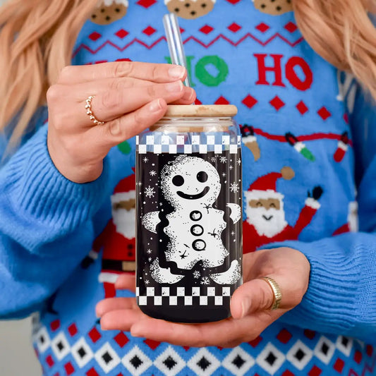 Retro Gingerbread Glass Tumbler 17oz Gia Roma black liquid snowman design bamboo lid on Tampa Home & Garden Store