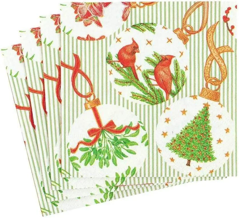 Botanical Ornaments paper cocktail napkins green striped with red ribbons Country Christmas Loft on Tampa Home & Garden Store