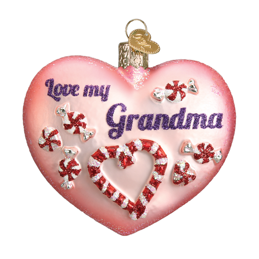 Grandma Heart Ornament by Old World Christmas pink glitter heart with candy cane accents on Tampa Home & Garden Store