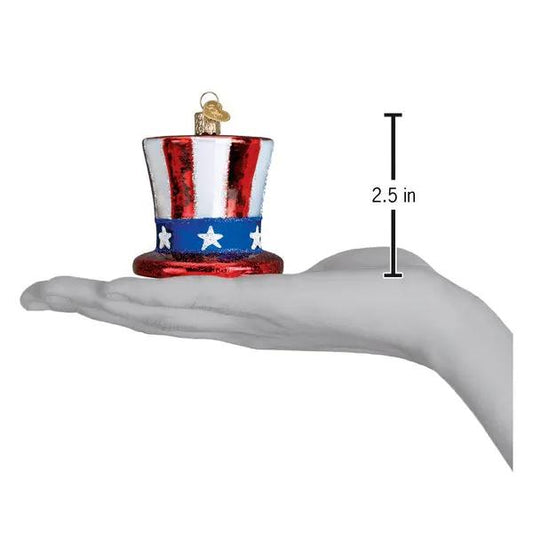 Patriotic Uncle Sam's Hat Ornament glass ball in red white and blue with stars on Tampa Home & Garden Store