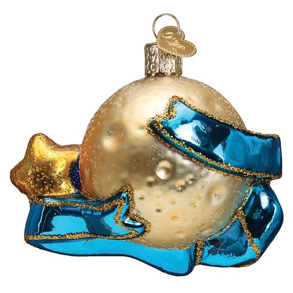 Love You to the Moon and Back Glass Ornament with gold moon and blue ribbon accents star accent on Tampa Home & Garden Store