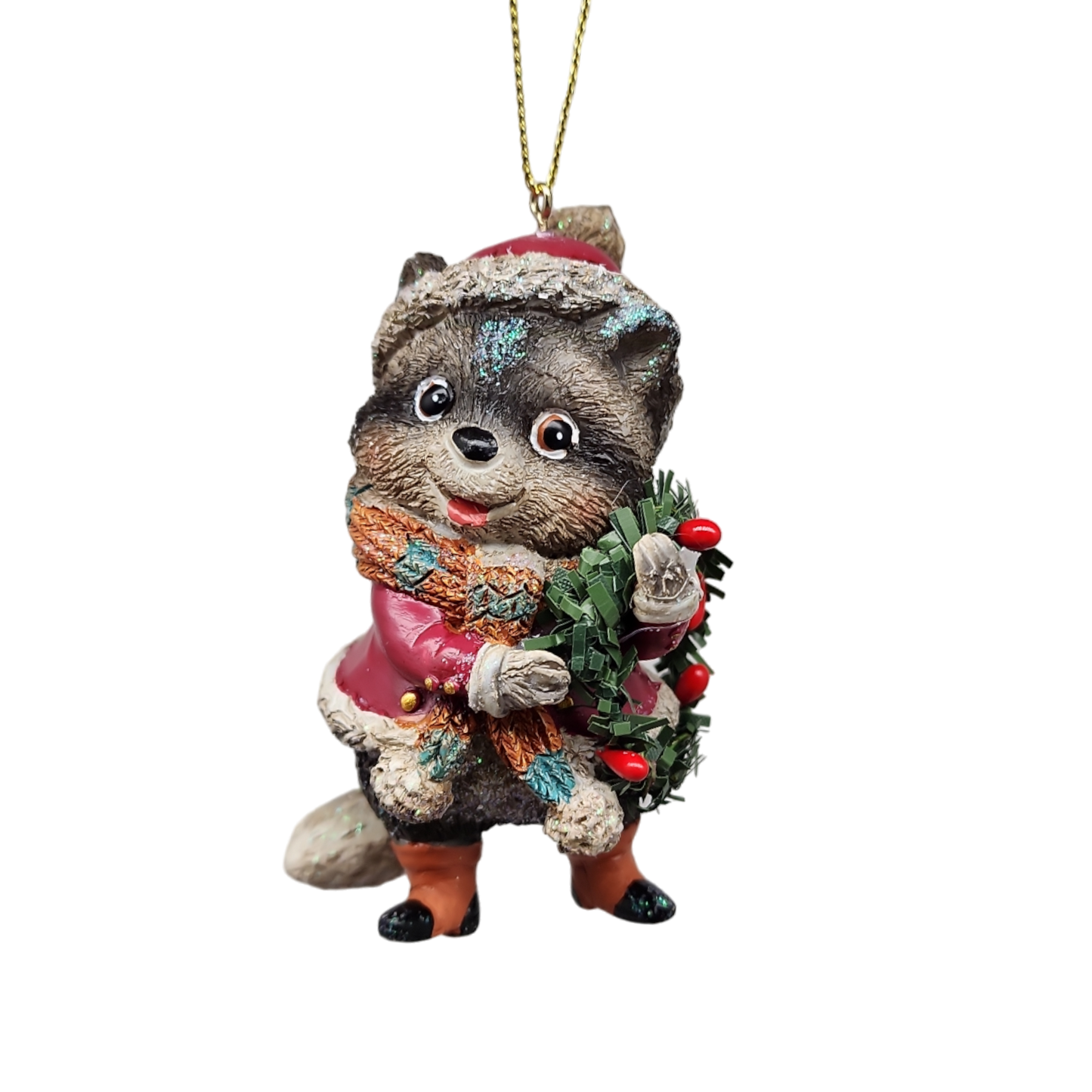 Whimsical raccoon ornament in red coat with scarf and festive greenery on Tampa Home & Garden Store
