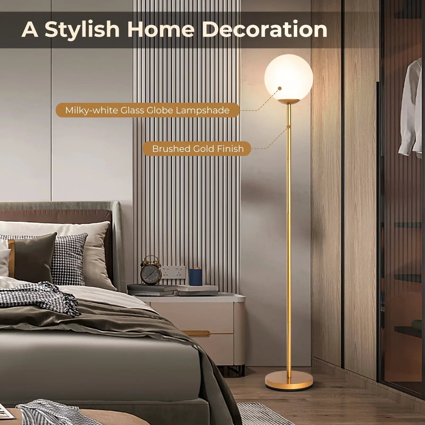 DirectDeals Glass Globe LED Floor Lamp with Glass Shade brushed gold finish beside a modern bed on Tampa Home & Garden Store
