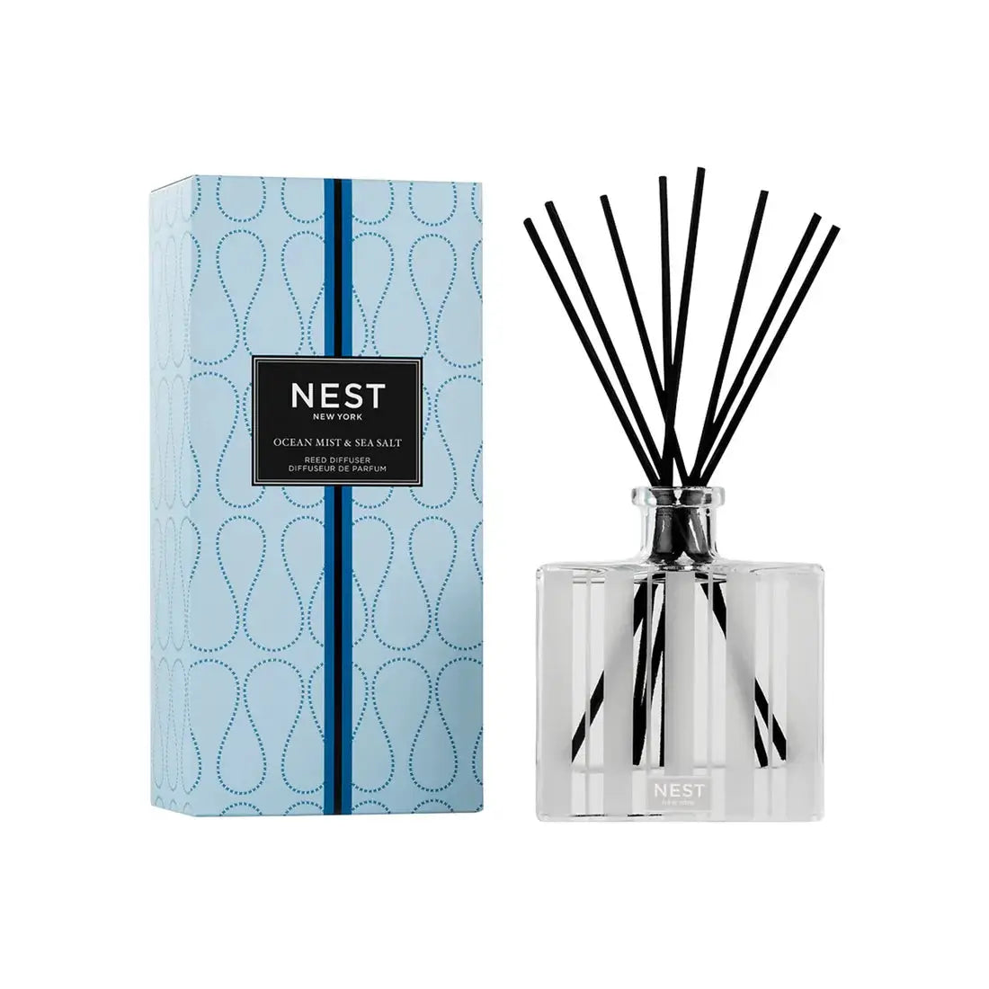 Nest New York Ocean Mist & Sea Salt Reed Diffuser 5.9 oz box and glass diffuser with black reeds on Tampa Home & Garden Store