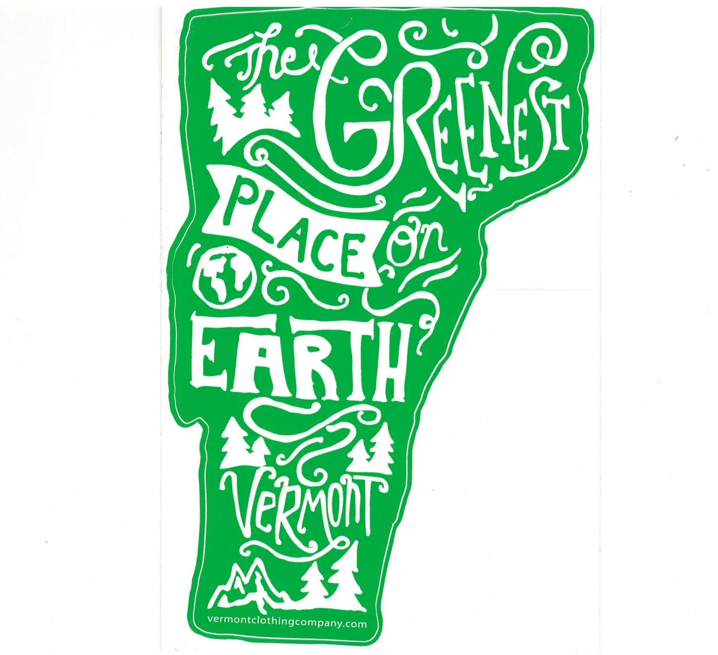 The Greenest Place on Earth Vermont Decal, green and white design with trees and mountains on Tampa Home & Garden Store