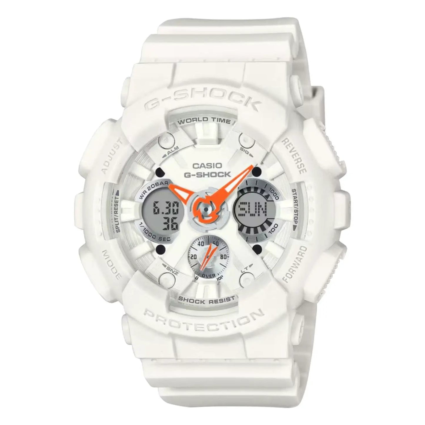 Casio G-Shock white women's watch with orange hands and digital subdials on resin strap on Tampa Home & Garden Store