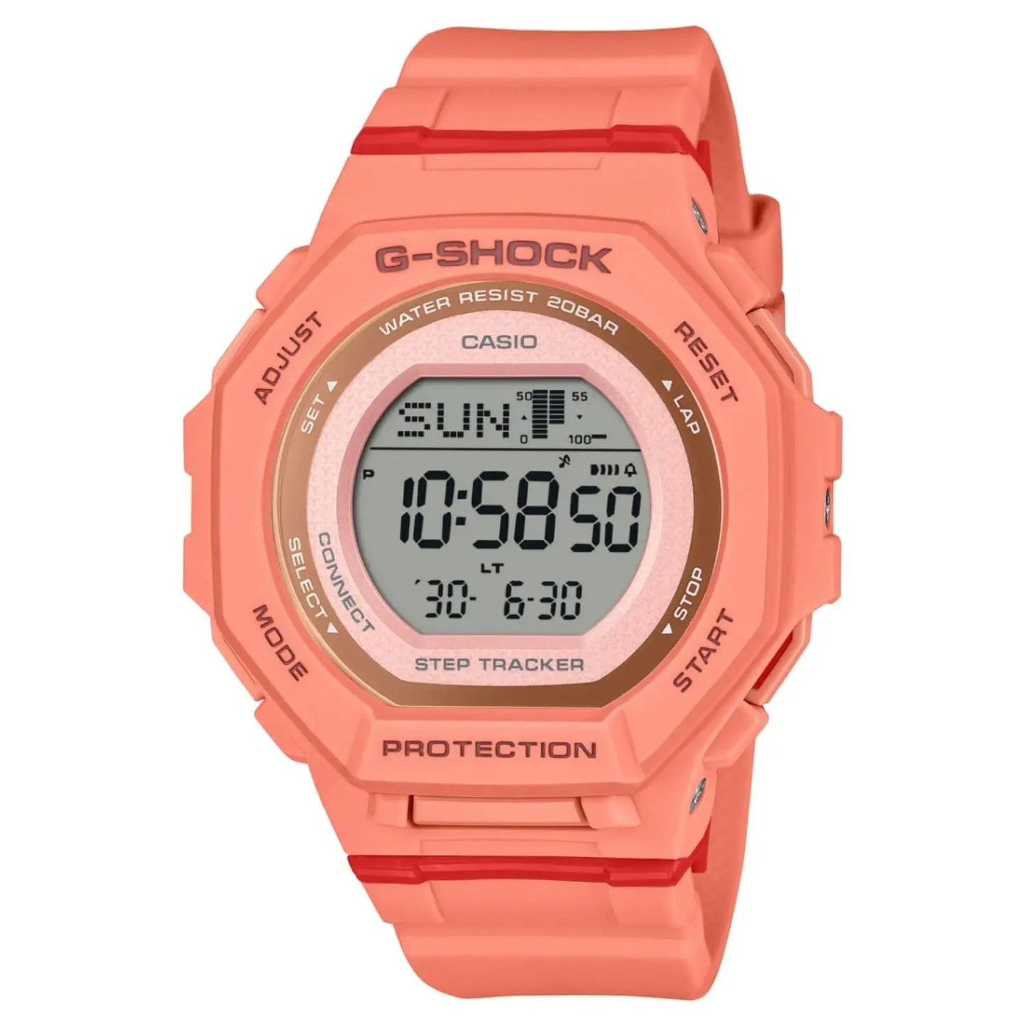 Casio G-Shock digital watch in coral pink with resin strap and rose-gold bezel on Tampa Home & Garden Store