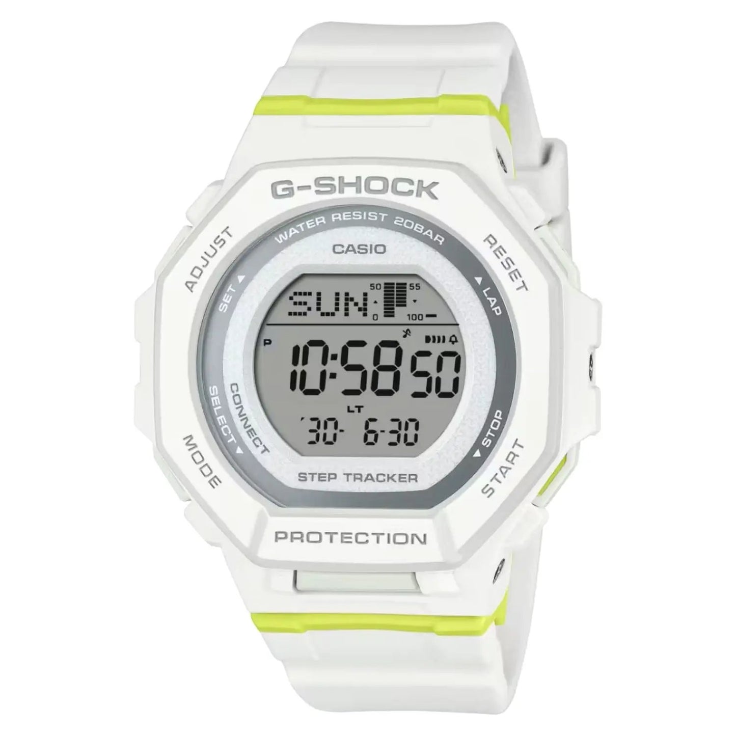 Casio Men's Squad watch, white G-Shock style digital timepiece with neon lime accents on Tampa Home & Garden Store
