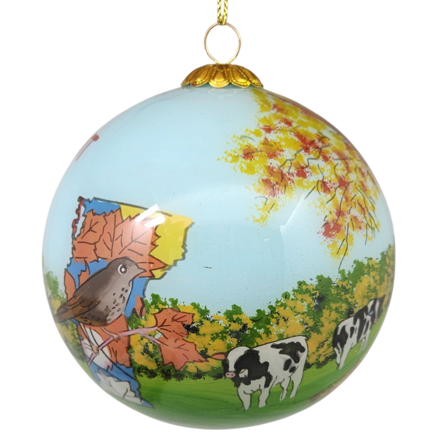 Hand Painted Glass Globe Ornament Vermont Collage blue globe with autumn leaves and gold cap on Tampa Home & Garden Store