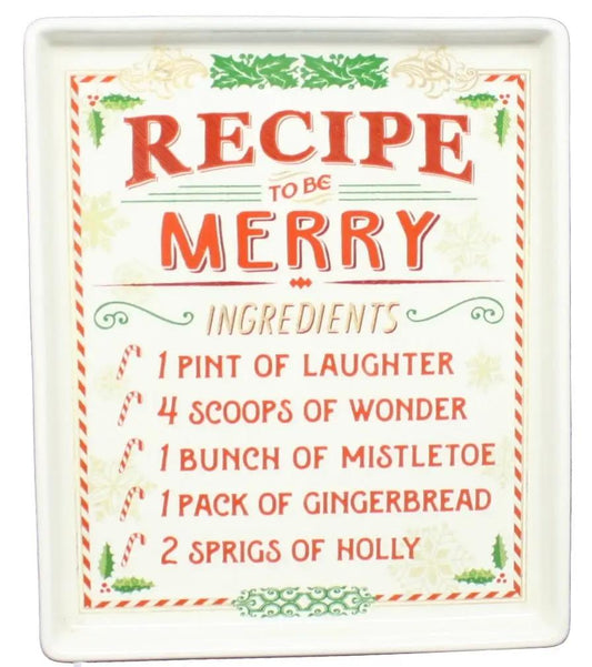 Stoneware recipe plate Be Merry with red ingredients list on white background on Tampa Home & Garden Store
