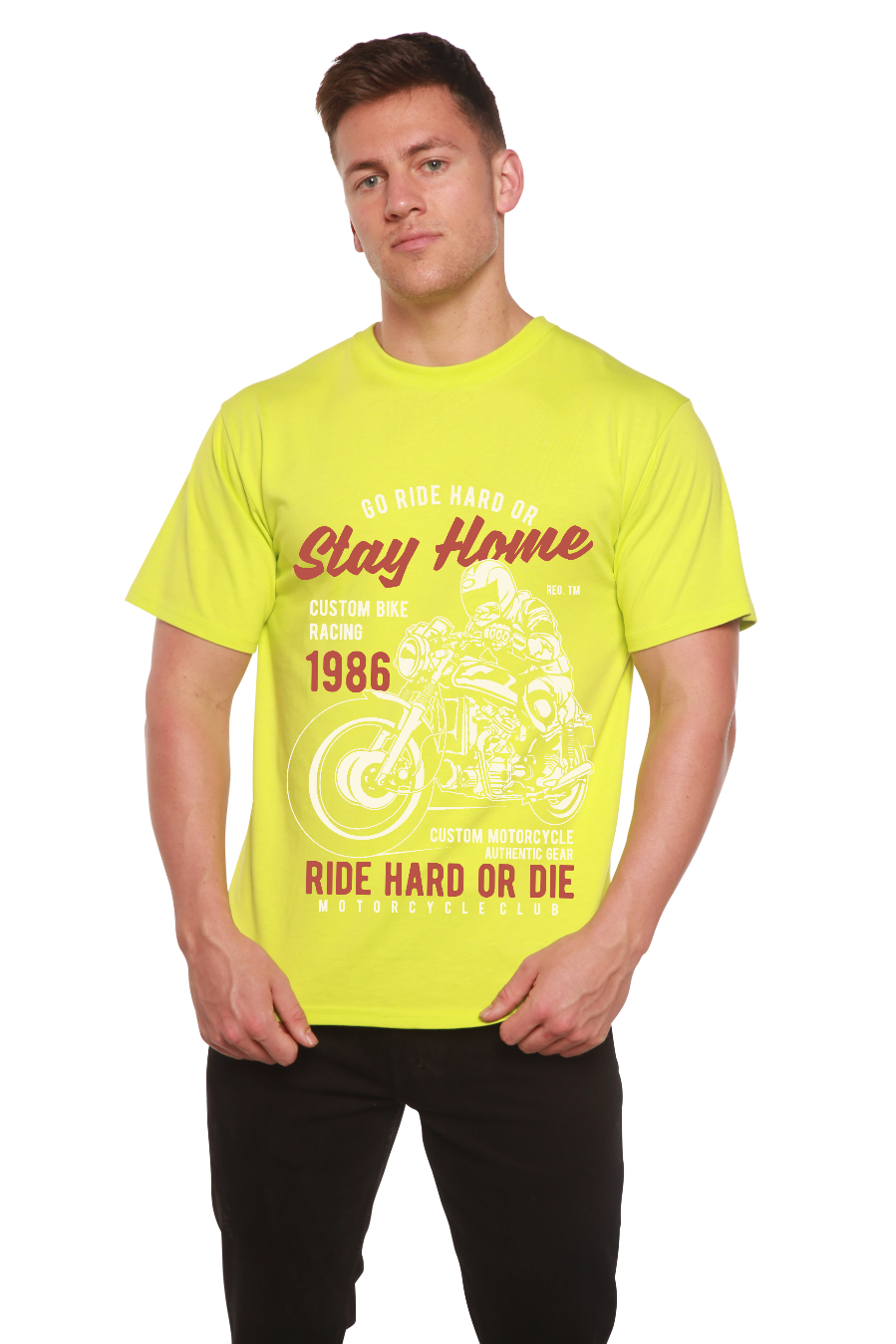 Go Ride Hard men's bamboo tee neon short sleeve with motorcycle art by Spun Bamboo on Tampa Home & Garden Store