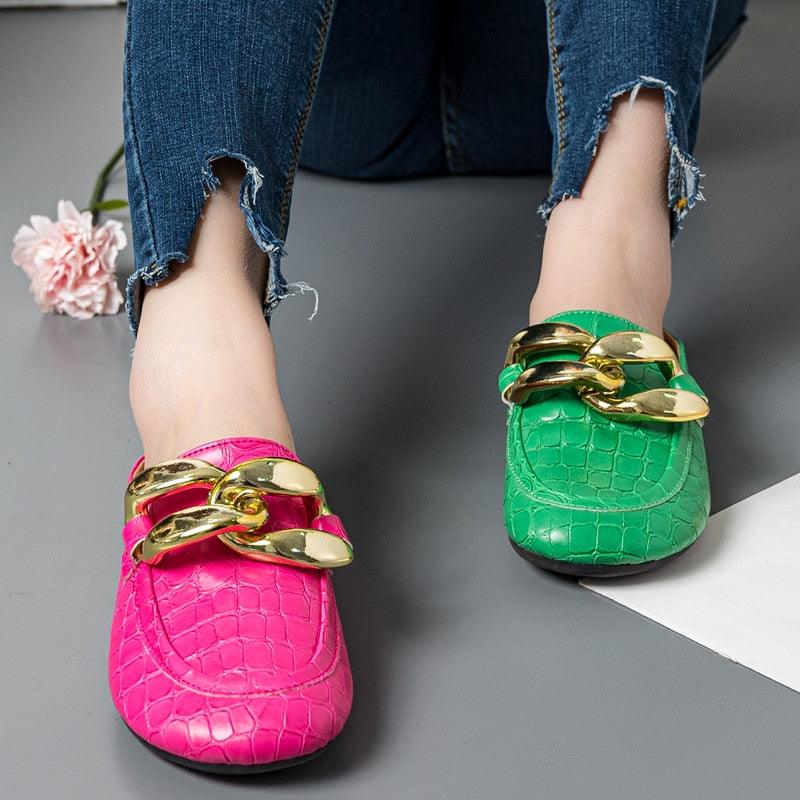 Stevvex women's slip-on mules with gold chain, pink-green crocodile flats, 2-pair on Tampa Home & Garden Store