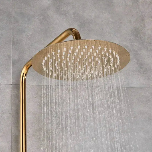 Brass rainfall shower head with curved arm from Decorbites three-way shower faucet set on Tampa Home & Garden Store