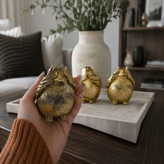 3 Wise Birds gold decor statues by Gia Roma, textured feather details, trio on a marble tray on Tampa Home & Garden Store