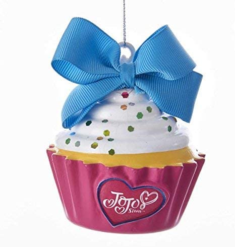 JoJo Siwa Ornament Cupcake, pink cupcake with white frosting and blue bow, licensed Kurt Adler on Tampa Home & Garden Store