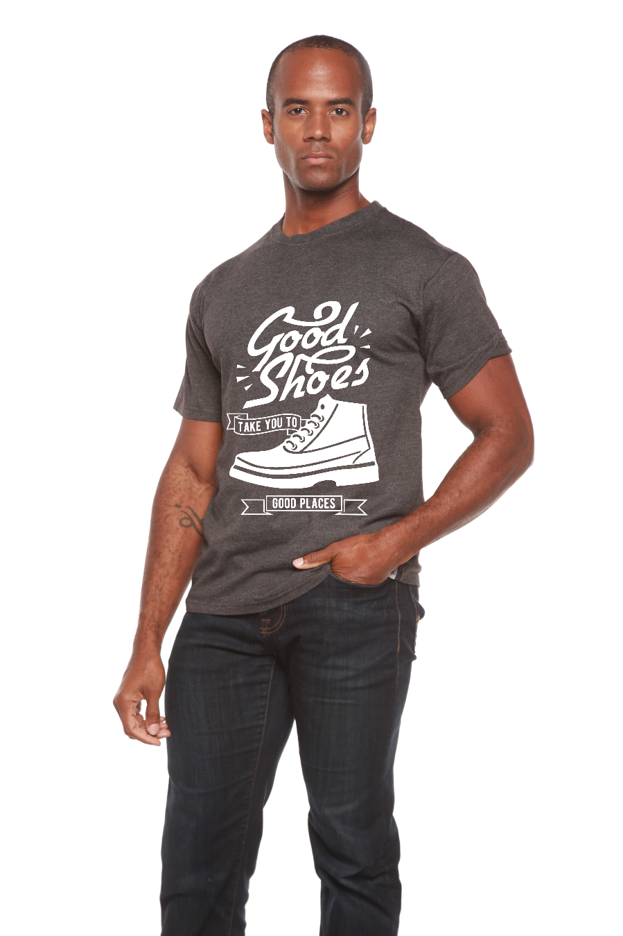 Men's Good Shoes graphic T-shirt by Spun Bamboo, charcoal bamboo viscose/organic cotton on Tampa Home & Garden Store