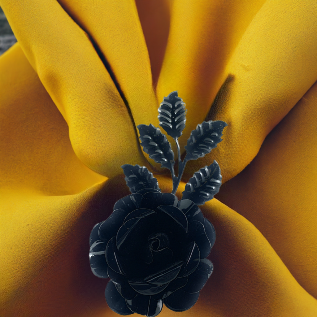 Vibhsa Black Rose Napkin Ring set of 4 handcrafted dark rose with leaves on Tampa Home & Garden Store