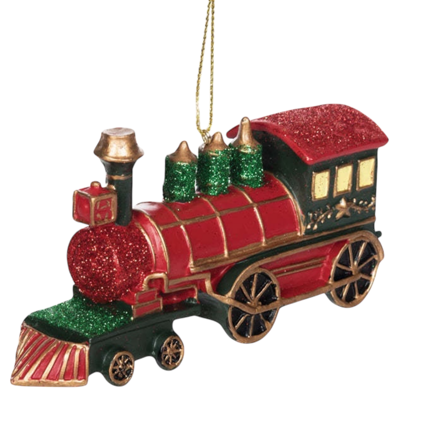 Train engine ornament resin red locomotive with gold trim and glittery green accents on Tampa Home & Garden Store