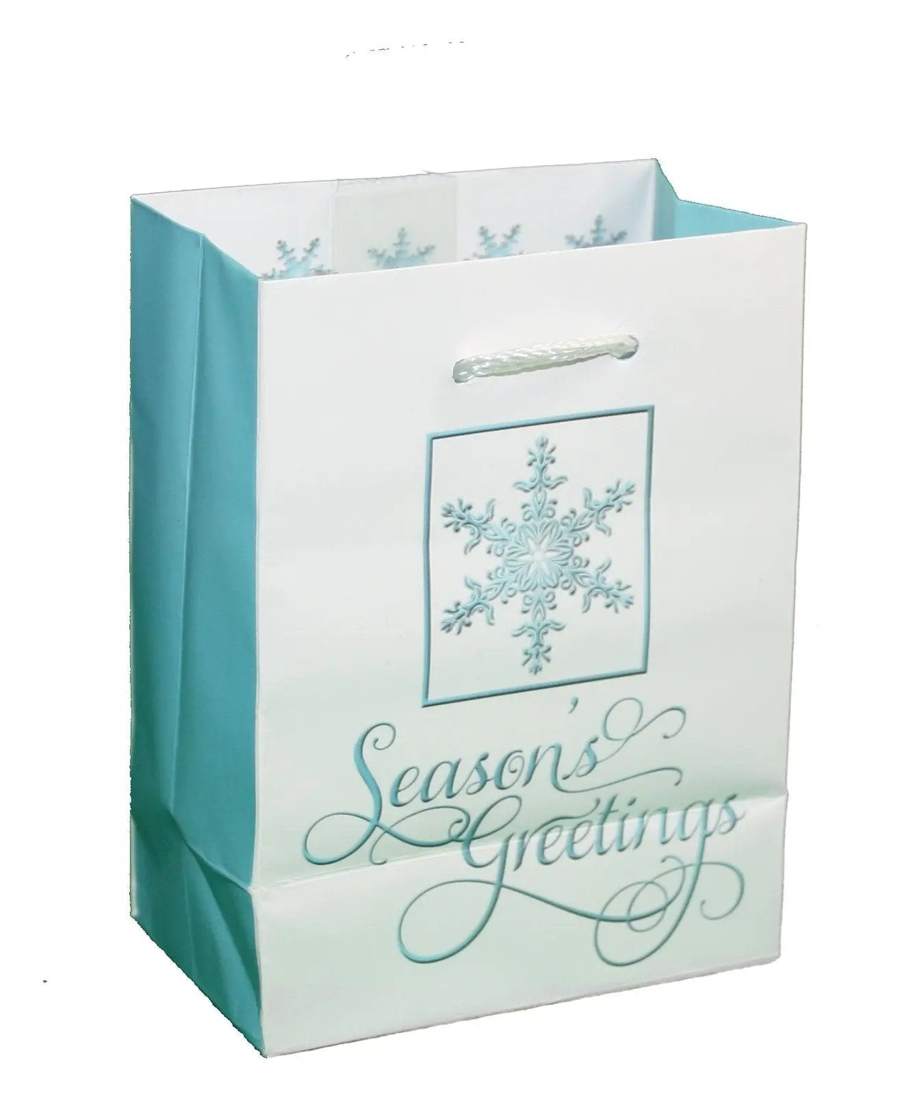 Gift bag Lettering Merry Christmas Red with Season's Greetings script and teal side panels on Tampa Home & Garden Store